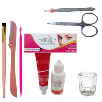 Kit Para Sobrancelha Tinta Magike E Emulsão com Pinça Pincel Navalha Tesoura Palito Dosador e Dappen