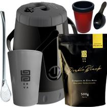 Kit Para Tereré Black Erva Mate 500g Garrafa Pávia Lisa Copo Acrílico Cinza Bomba de Ferro Cromada
