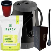 Kit Para Tereré Garrafa Lisa Black Erva Mate 500g Copo Cuia Quadrado Acrílico Bomba Clássica Preta