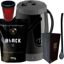 Kit Para Tereré Garrafa Lisa Black Erva Mate 500g Copo Cuia Quadrado Acrílico Bomba Clássica Preta