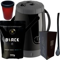 Kit Para Tereré Garrafa Lisa Black Erva Mate 500g Copo Cuia Quadrado Acrílico Bomba Clássica Preta