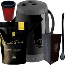 Kit Para Tereré Garrafa Lisa Black Erva Mate 500g Copo Cuia Quadrado Acrílico Bomba Clássica Preta