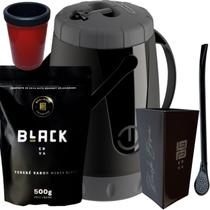 Kit Para Tereré Garrafa Lisa Black Erva Mate 500g Copo Cuia Quadrado Acrílico Bomba Clássica Preta