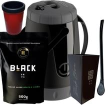 Kit Para Tereré Garrafa Lisa Black Erva Mate 500g Copo Cuia Quadrado Acrílico Bomba Clássica Preta