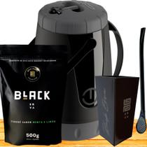 Kit Para Tereré Garrafa Lisa Black Erva Mate 500g Copo Cuia Quadrado Acrílico Bomba Clássica Preta