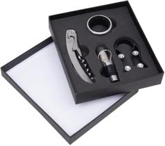 Kit Para Vinho 4 Peças Com Estojo, Cortador de Lacre, Anel Salva Gotas, Saca-Rolhas e Bico Dosador - Inox