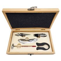 Kit para Vinho com 5 Peças em Caixa de Bambu Acessórios Sommelier Presente Elegante para Amantes de Vinho