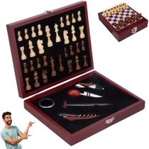 Kit para Vinho Com Jogo de Xadrez 6 Peças Aço Inox e Madeira