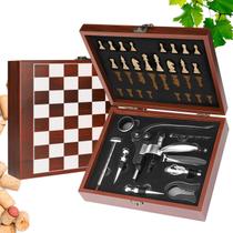Kit Para Vinho Completo Com Jogo De Xadrez Maleta Madeira