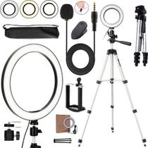 Kit Para Youtuber Tripé Profissional Câmera Celular Iluminador Led Ring Light 3 Cores + Microfone Lapela Gravação Vídeo
