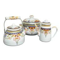 Kit Paris A5 Chaleira, Panela E Bule Esmaltado Decorados