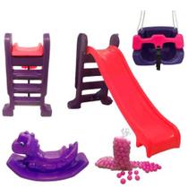 Kit Parquinho Escorregador Médio até 7 Anos+Balanço Seguro Crianças até 50Kg+Dino Rex Gangorra+50 Bolinhas Grátis