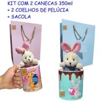 Kit Páscoa 2 Canecas 350ml + 2 Coelhos Pelúcia + 3 Sacolas