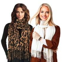 Kit Pashmina Cachecol Xale Echarpe Lenço Longo com Franjas: 1 Grosso Animal Print Sortido + Liso Fino