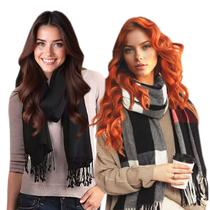 Kit Pashmina Cachecol Xale Echarpe Lenço Longo com Franjas: 1 Grosso Estampado + 1 Liso Fino Preto