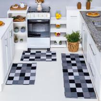 Kit Passadeira Tapete Cozinha 3 Peças Jacquard Base Antiderrapante - Tabuleiro Preto E Branco Kit Passadeira Tapete Cozinha 3 Peças Jacquard Base Antiderrapante - Tabuleiro Preto E Branco
