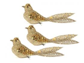 Kit Passarinho Natal Full Glitter Pérolas Dourado 16cm 3 Unidades - Magizi