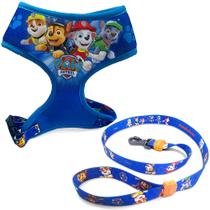 Kit Passeio Cães: Coleira Roupinha Colete Peitoral Patrulha Canina + Guia Cachorro Chalesco Paw Patrol Azul