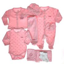 Kit passeio rosa estampado e bordado coroa - 9 peças