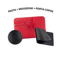 Kit Pasta Case Capa Notebook Com Bolso 14.1/15.6/17.3 Polegadas + MousePad 25x20 Preto Gamer Couro + Porta Copos