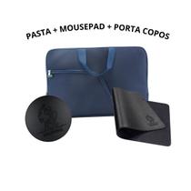 Kit Pasta Case Capa Notebook Com Bolso 14.1/15.6/17.3 Polegadas + MousePad 25x20 Preto Gamer Couro + Porta Copos