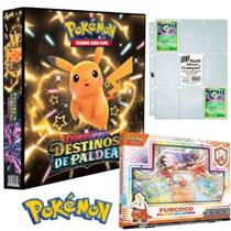 Kit Pasta Fichário Pokémon Destinos de Paldea com Box Coleção Fuecoco e 10 Folhas 9 Bolsos Cards TCG