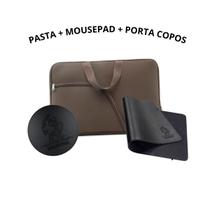 Kit Pasta Para Notebook Com Bolso Externo MousePad Gamer Preto 25x20 Porta Copos De Couro