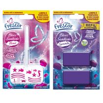 Kit Pastilha Bloco Sanitário 30g Com Suporte FLORAL + Refil Detergente LAVANDA Com 2 Blocos Reposição Novo Frescor Kit Pastilha Bloco Sanitário 30g Com Suporte FLORAL + Refil Detergente LAVANDA Com 2 Blocos Reposição Novo Frescor