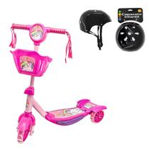 Kit Patinete Cesta Unicórnio Led Musical Rosa e Capacete