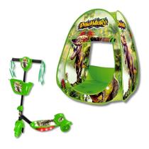 Kit Patinete Infantil 3 Rodas Dinossauro + Barraca Toca Dinossauro Criança