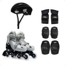 Kit Patins Cinza Tamanho M 34-37 Roller Joelheira e Capacete