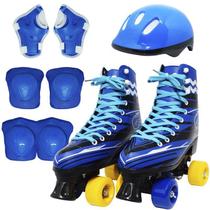 Kit Patins Clássico Quad 4 Rodas Roller + Acessórios Masculino Azul Tam 29 Importway BW-021-AZ