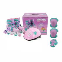 Kit Patins com Capacete e Acessórios de Segurança Rosa Claro Tam. 30.33