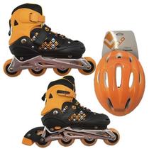 Kit Patins In Line + Capacete Laranja Tam P Vollo
