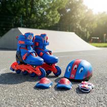 Kit Patins Infantil Ajustável 30 a 33 Azul Capacete Joelheira Cotoveleira Proteção Brinquedo Esporte Equilíbrio Diversão Kit Patins Infantil Ajustável 30 a 33 Azul Capacete Joelheira Cotoveleira Proteção Brinquedo Esporte Equilíbrio Diversão