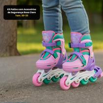 Kit Patins Infantil Feminino Rosa 2 em 1 Ajustável 3033 Com Capacete Kit Proteção Completo Inmetro