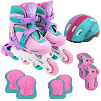 Kit Patins Inline e Triline Com Acessórios de Segurança Completo Cor Rosa Tamanho Regulável 30 ao 33