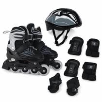 Kit Patins Inline Flexx 3.0 Prata + Proteção Completa Preta M - Bel Sports Kit Patins Inline Flexx 3.0 Prata + Proteção Completa Preta M - Bel Sports