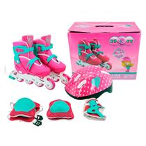 Kit Patins Roller Inf. Inline c/ Proteção Rosa 34-37 Unitoys