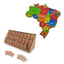 Kit Pedagógico Mapa Brasil Brinquedo Educativo Quebra Cabeça + Alfabeto Móvel Degrau 130 Peças Letras Madeira MDF
