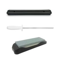 Kit Pedra Amolar barra magnética e chaira p/ Facas cozinha - YAZI