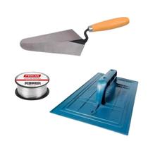 Kit Pedreiro Completo - 1 Desempenadeira + 3 Linhas Pedreiro + Pá Kit Pedreiro Completo - 1 Desempenadeira + 3 Linhas Pedreiro + Pá