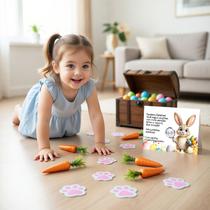 Kit Pegadas Caminho do Coelho Páscoa 16 Patinhas Adesivas + 12 Cenouras Decorativas + Card Detetive