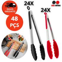 Kit Pegador Alimento 27 e 34Cm Inox E Silicone Com Apoio Carne Churrasco Massa Cozinha Restaurante