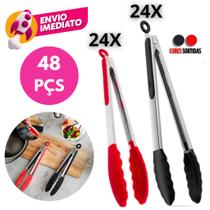 Kit Pegador Alimento 27 e 34Cm Inox E Silicone Com Apoio Salada Churrasco Massa Cozinha Restaurante Kit Pegador Alimento 27 e 34Cm Inox E Silicone Com Apoio Salada Churrasco Massa Cozinha Restaurante