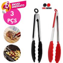 Kit Pegador Alimento 34Cm Inox E Silicone Com Apoio Salada Churrasco Massa Cozinha Bar Restaurante