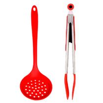 Kit Pegador Duplo Salada + Escumadeira Silicone Vermelho