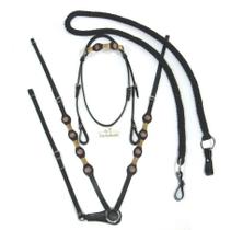 Kit Peitoral Mangalarga Preto de Aplique + Cabeçada Com Rédea de Lã Grossa Top De Linha