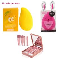 Kit Pele Perfeita Esponja de Maquiagem Manga + Esponja Gota + Mini Kit de Pincéis com Estojo Kit Pele Perfeita Esponja de Maquiagem Manga + Esponja Gota + Mini Kit de Pincéis com Estojo