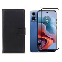 Kit Película 3D de Vidro + Capa Carteira Case Flip Preta Para Motorola Moto G34